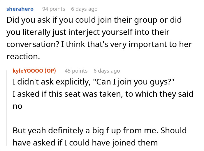 A user questions if a guy asked to join female classmates, important context for why they felt intruded upon. A user questions if a guy asked to join female classmates, important context for why they felt intruded upon.