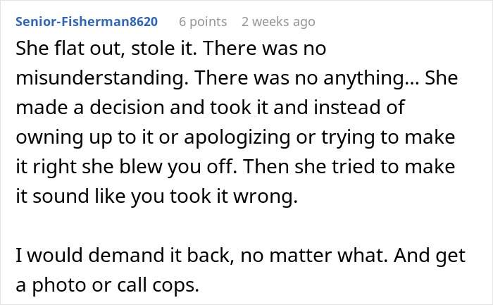 A comment describing the aunt stealing from the family free table and suggesting to demand it back.