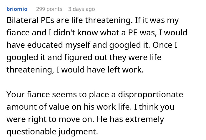 A screenshot of a Reddit comment discussing the fiance's questionable judgment regarding a medical emergency. A screenshot of a Reddit comment discussing the fiance's questionable judgment regarding a medical emergency.