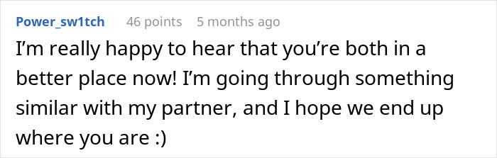 A comment from Power_sw1tch expressing happiness for a couple finding a better place after poly wife's secret actions. A comment from Power_sw1tch expressing happiness for a couple finding a better place after poly wife's secret actions.
