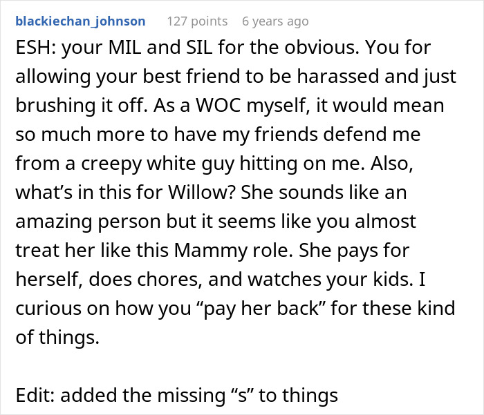 A screenshot of a Reddit comment discussing the best friend's experience on family vacation with in-laws. A screenshot of a Reddit comment discussing the best friend's experience on family vacation with in-laws.