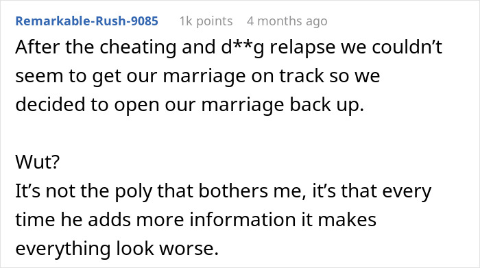A poly wife comment from a user discussing an open marriage after cheating and relapse, noting how information worsens the situation. A poly wife comment from a user discussing an open marriage after cheating and relapse, noting how information worsens the situation.