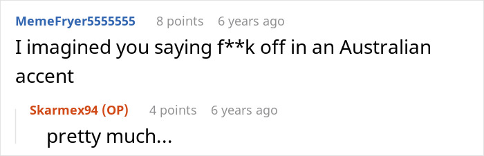 A Reddit comment expressing an imagined Australian accent for a profanity, related to mom letting kids trespass. A Reddit comment expressing an imagined Australian accent for a profanity, related to mom letting kids trespass.