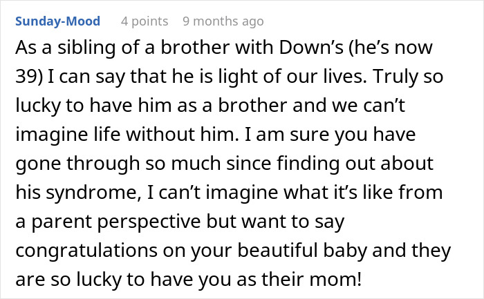A comment from a sibling of a brother with Down syndrome, expressing love and support for a baby with Down syndrome.