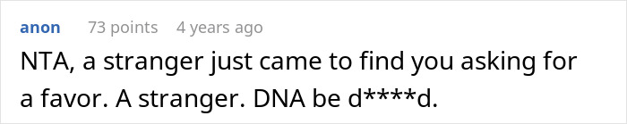 A concise comment on a forum stating NTA regarding an adopted teen's birth parents' wild demand. A concise comment on a forum stating NTA regarding an adopted teen's birth parents' wild demand.