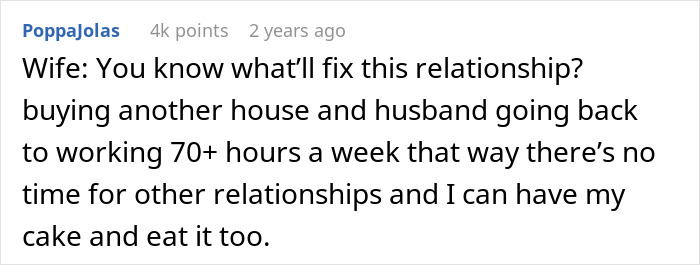 A screenshot of a Reddit comment suggesting a wife's solution for their relationship and open marriage. A screenshot of a Reddit comment suggesting a wife's solution for their relationship and open marriage.