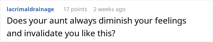 A Reddit comment asking if one's aunt diminishes feelings, relating to the family free table tradition.
