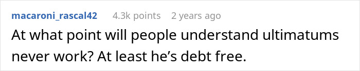 A screenshot of a Reddit comment discussing ultimatums in an open marriage and being debt free. A screenshot of a Reddit comment discussing ultimatums in an open marriage and being debt free.