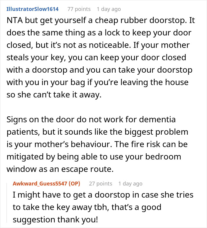 A screenshot of a Reddit comment suggesting a doorstop for the 22-year-old daughter to use against her controlling mom who forbids locking the door. A screenshot of a Reddit comment suggesting a doorstop for the 22-year-old daughter to use against her controlling mom who forbids locking the door.