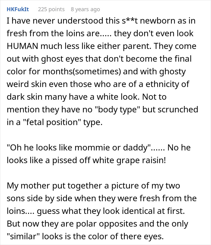 A long comment about a MILs accusations, new born babies not resembling parents after giving birth.