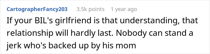 A Reddit comment on the wedding dispute, predicting a relationship will not last if it is backed by a mom. A Reddit comment on the wedding dispute, predicting a relationship will not last if it is backed by a mom.