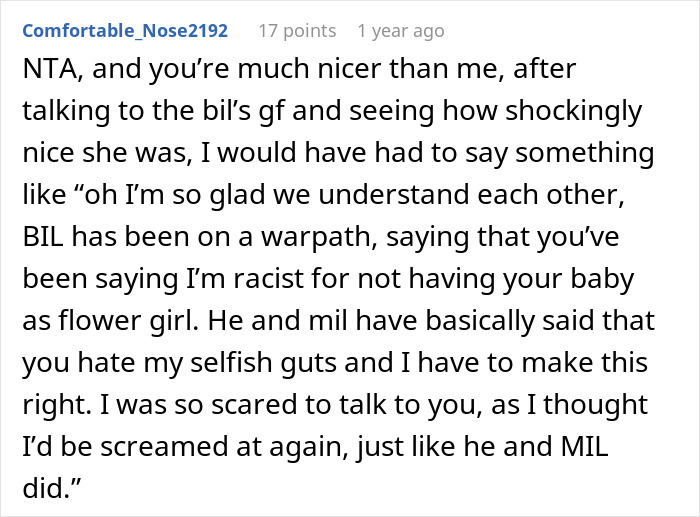 A Reddit comment describing a conversation about a wedding dispute with in-laws and a flower girl request. A Reddit comment describing a conversation about a wedding dispute with in-laws and a flower girl request.
