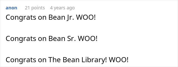 Anon congratulates on Bean Jr., Bean Sr., and The Bean Library in a story about friends whose spouses are sleeping together. Anon congratulates on Bean Jr., Bean Sr., and The Bean Library in a story about friends whose spouses are sleeping together.