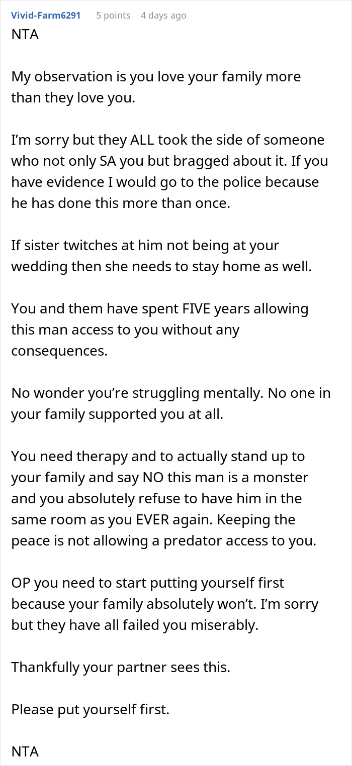 A detailed Reddit comment stating a woman's family protected her toxic BIL and she should put herself first regarding her wedding. A detailed Reddit comment stating a woman's family protected her toxic BIL and she should put herself first regarding her wedding.