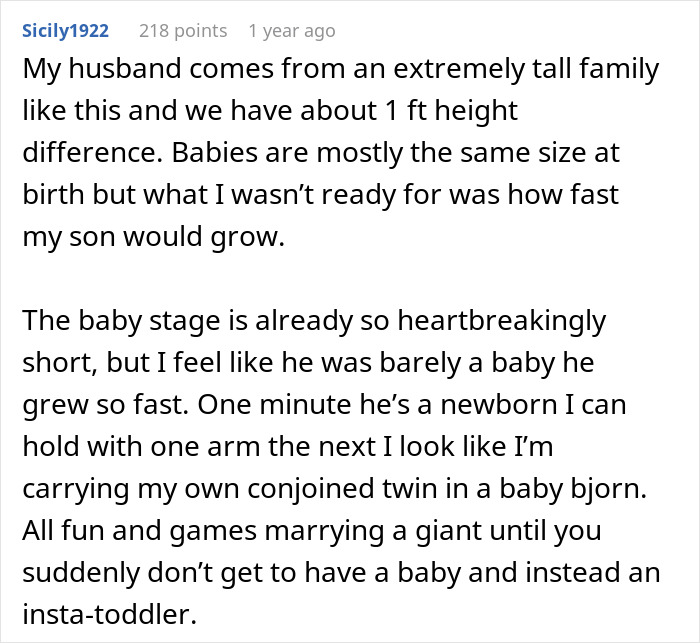 A Reddit comment discussing the height difference between The Mountain and his wife, and a fast-growing baby. A Reddit comment discussing the height difference between The Mountain and his wife, and a fast-growing baby.