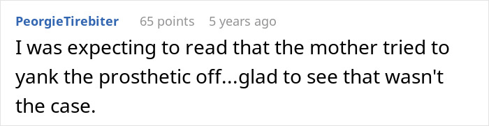 A comment about a mother trying to remove a medical worker's prosthetic ear, mistaken for a Halloween costume. A comment about a mother trying to remove a medical worker's prosthetic ear, mistaken for a Halloween costume.