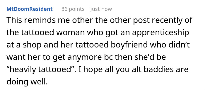 A comment relating the GF changing her hair color incident to a tattooed woman and her controlling boyfriend.