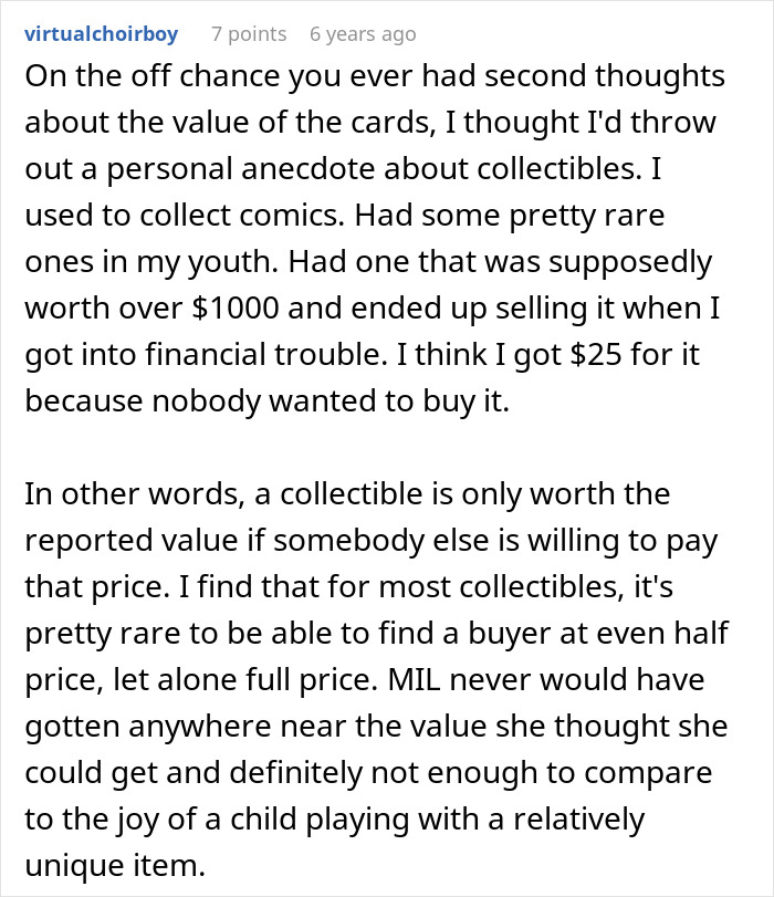 A Reddit comment discussing the true value of collectibles and how difficult it is to sell items for their reported worth, relating to buying stepson's love.