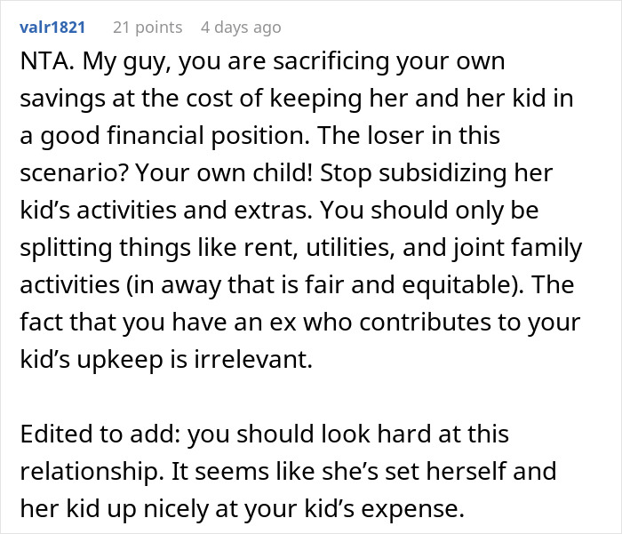 A Reddit comment advises a guy on finances, suggesting he stop subsidizing his girlfriend's son's sports fees and activities. A Reddit comment advises a guy on finances, suggesting he stop subsidizing his girlfriend's son's sports fees and activities.
