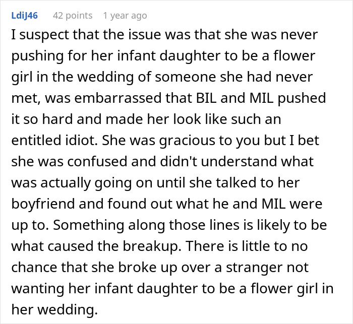 A screenshot of a Reddit comment detailing a wedding dispute, focusing on family arguments and requests from in-laws. A screenshot of a Reddit comment detailing a wedding dispute, focusing on family arguments and requests from in-laws.