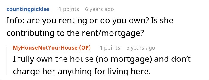A screenshot of a Reddit comment asking the original poster about their living situation, ownership, and boundaries.