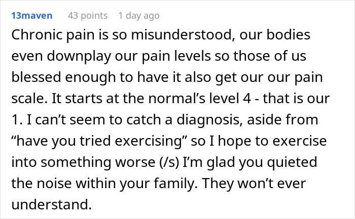 A comment discusses how chronic pain is misunderstood, impacting a woman with a disability and her family.