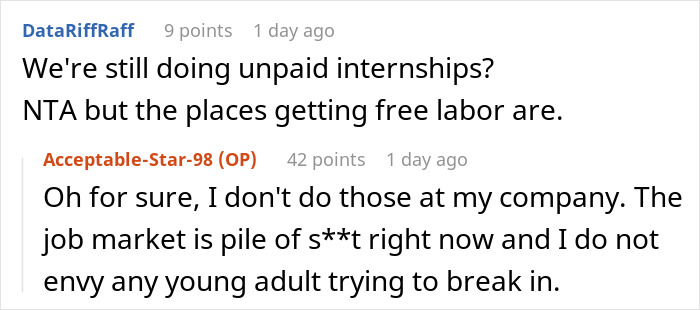 A Reddit comment discussing unpaid internships and the challenges young adults face in the job market. A Reddit comment discussing unpaid internships and the challenges young adults face in the job market.