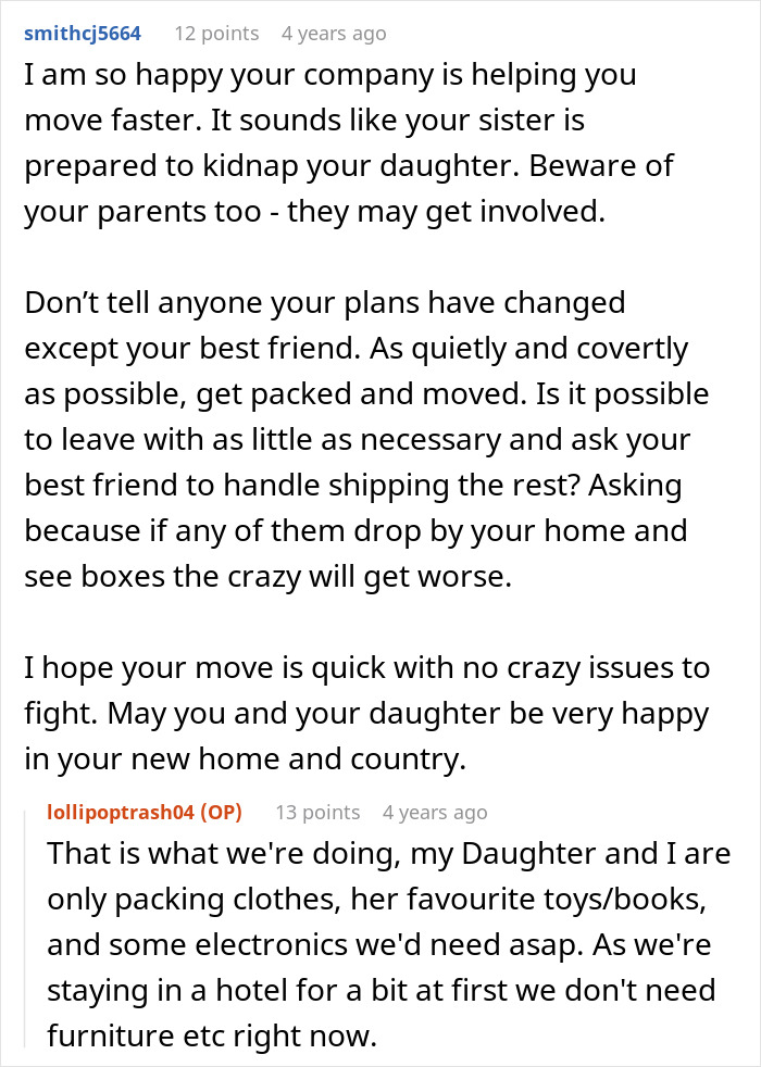Reddit comments on a woman adopting her sister's baby and facing a kidnap attempt years later, discussing moving plans. Reddit comments on a woman adopting her sister's baby and facing a kidnap attempt years later, discussing moving plans.