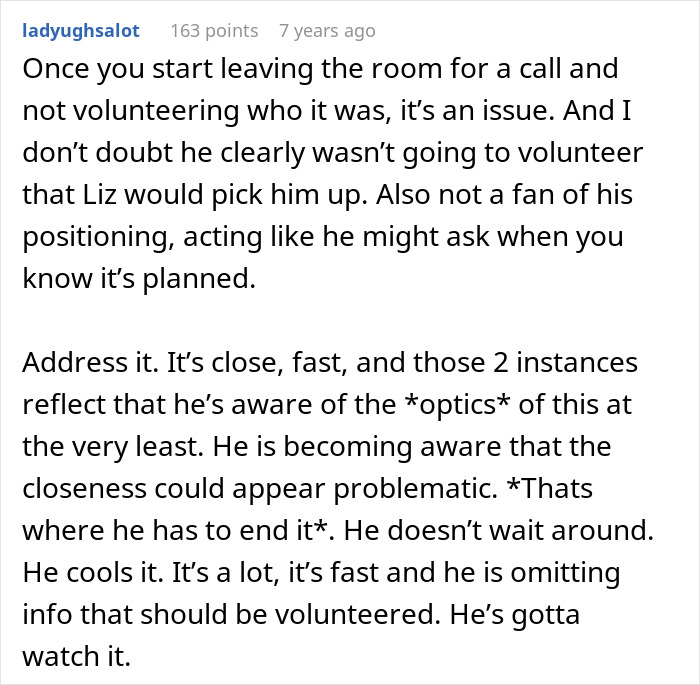 A comment about a BF having female friends and one coworker taking up more and more of his time.