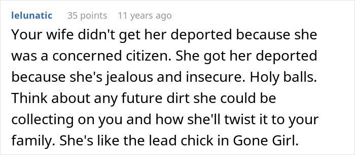A screenshot of a Reddit comment discussing a wife's jealousy and a secret police call resulting in deportation.