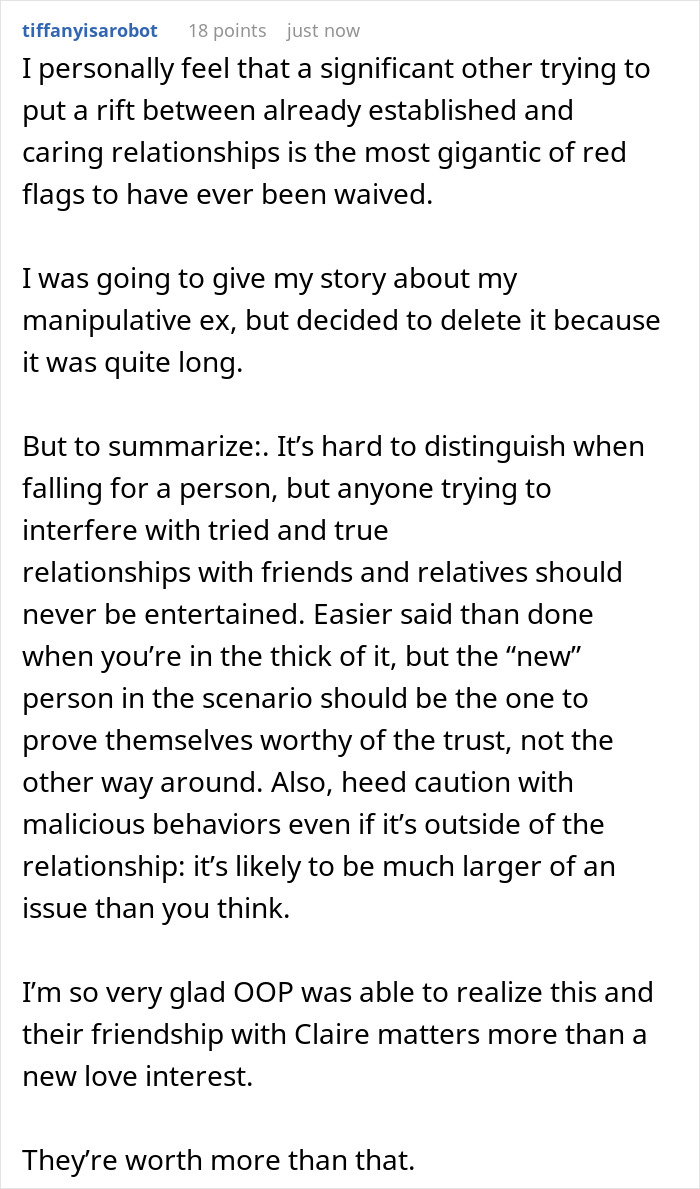 A screenshot of a detailed comment about red flags, manipulative ex, and relationships unraveling due to a conniving BF. A screenshot of a detailed comment about red flags, manipulative ex, and relationships unraveling due to a conniving BF.