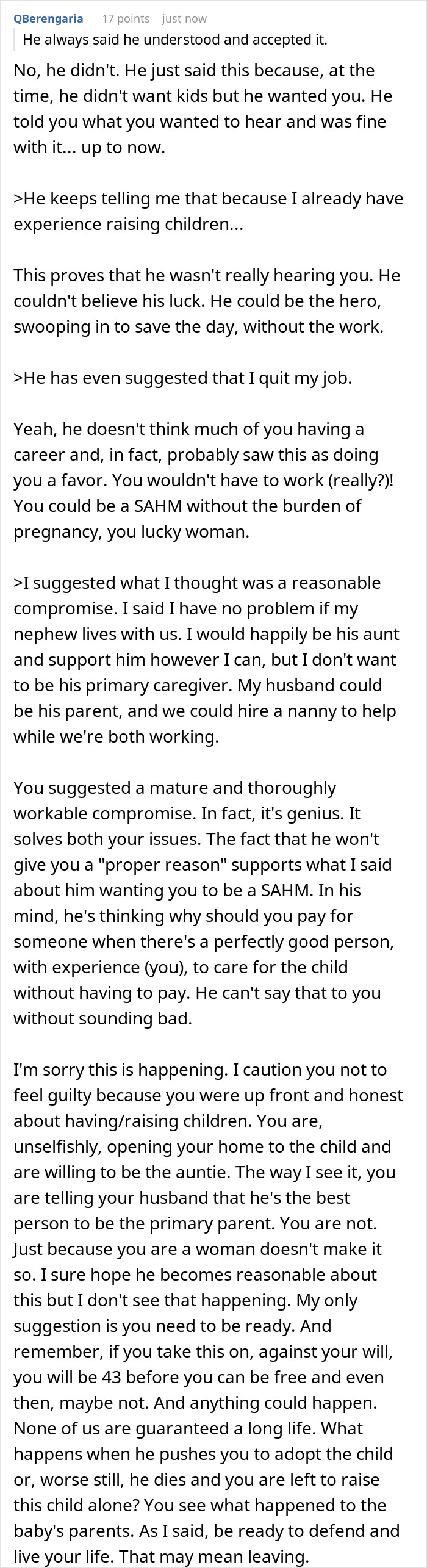 A detailed comment advising the wife against being the primary caregiver for her husband's orphaned nephew. A detailed comment advising the wife against being the primary caregiver for her husband's orphaned nephew.