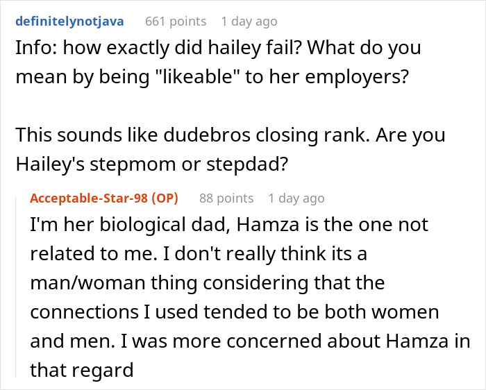 A screenshot of comments about a dad's kids internships, and one child thriving and the other not. A screenshot of comments about a dad's kids internships, and one child thriving and the other not.