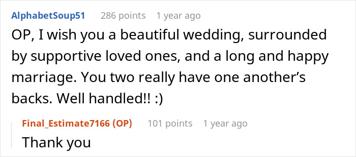 A screenshot showing a positive comment wishing a beautiful wedding and long happy marriage amidst a family dispute. A screenshot showing a positive comment wishing a beautiful wedding and long happy marriage amidst a family dispute.