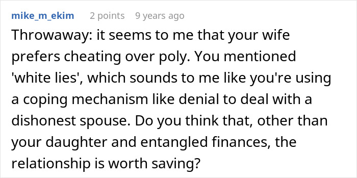 A close-up of a forum comment questioning if a relationship is worth saving after a poly wife's secret affair. A close-up of a forum comment questioning if a relationship is worth saving after a poly wife's secret affair.