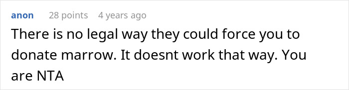 A Reddit comment about an adopted teen's birth parents demanding a debt, stating no legal way to force donation. A Reddit comment about an adopted teen's birth parents demanding a debt, stating no legal way to force donation.