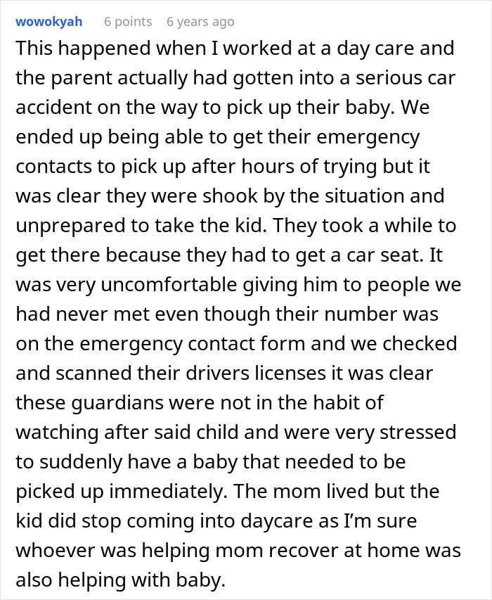 A Reddit post from wowokyah describing a parent who was late for their nanny due to a serious car accident.