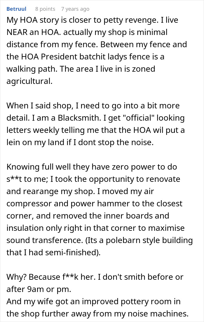 A homeowner describes fighting back against an HOA fine by strategically moving equipment in his shop to maximize noise. A homeowner describes fighting back against an HOA fine by strategically moving equipment in his shop to maximize noise.