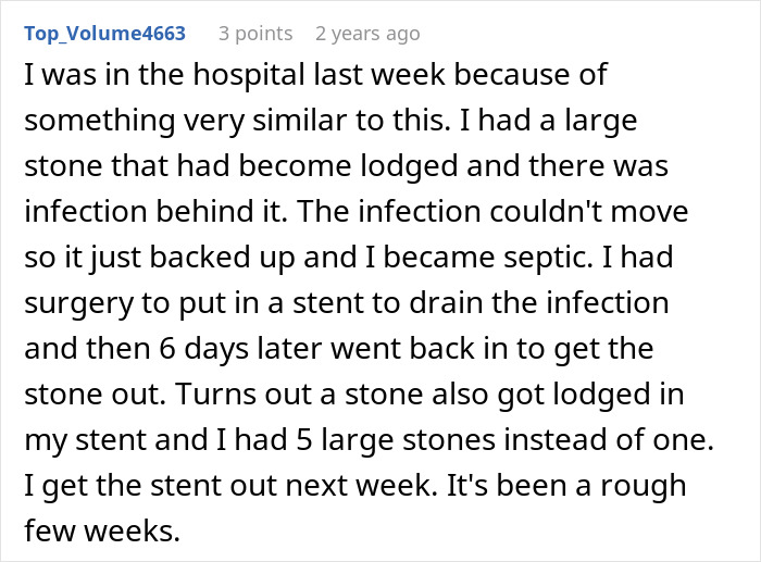 A social media comment from a user sharing their experience with septic infection and surgery, relevant to the woman's amputation. A social media comment from a user sharing their experience with septic infection and surgery, relevant to the woman's amputation.