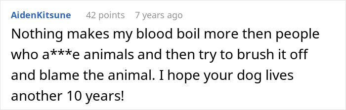 A comment expressing anger at MIL abusing animals and hoping for a long life for the senior dog. A comment expressing anger at MIL abusing animals and hoping for a long life for the senior dog.
