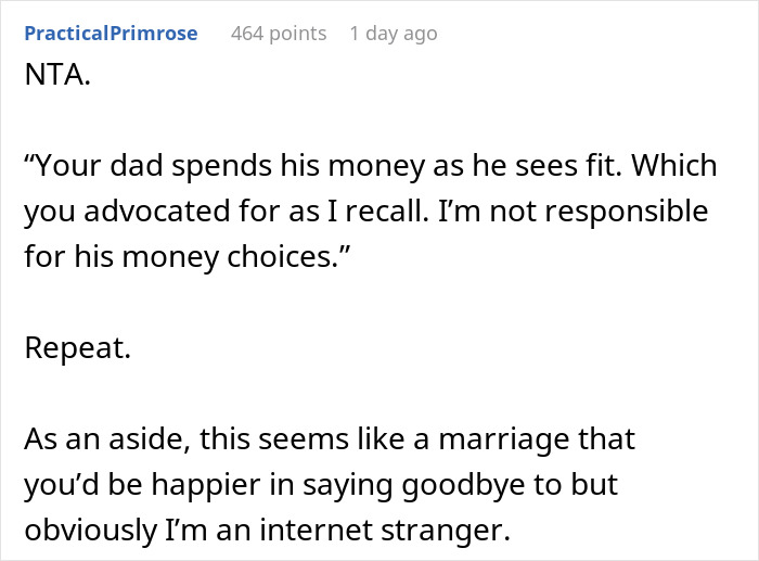 A comment on Mom refuses to fund his kids, advising to repeat that she is not responsible for husband's money choices. A comment on Mom refuses to fund his kids, advising to repeat that she is not responsible for husband's money choices.