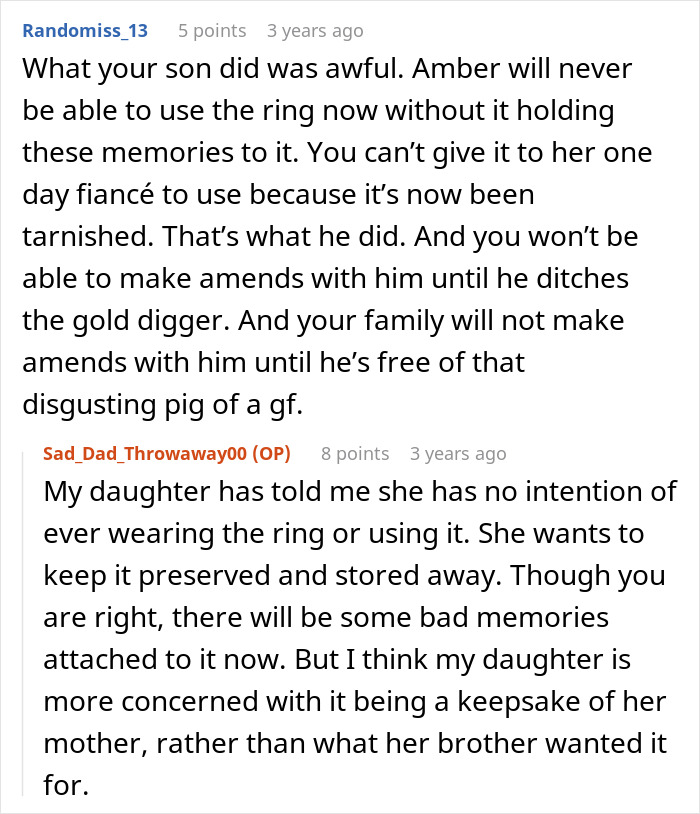 Reddit comments on a son stealing a family heirloom to propose, highlighting the tarnished memories and father's response. Reddit comments on a son stealing a family heirloom to propose, highlighting the tarnished memories and father's response.