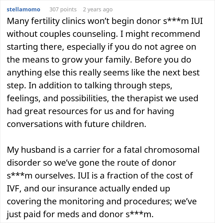 A screenshot of a Reddit comment suggesting marriage counseling and donor IUI to conceive after a wife's shocking beliefs.