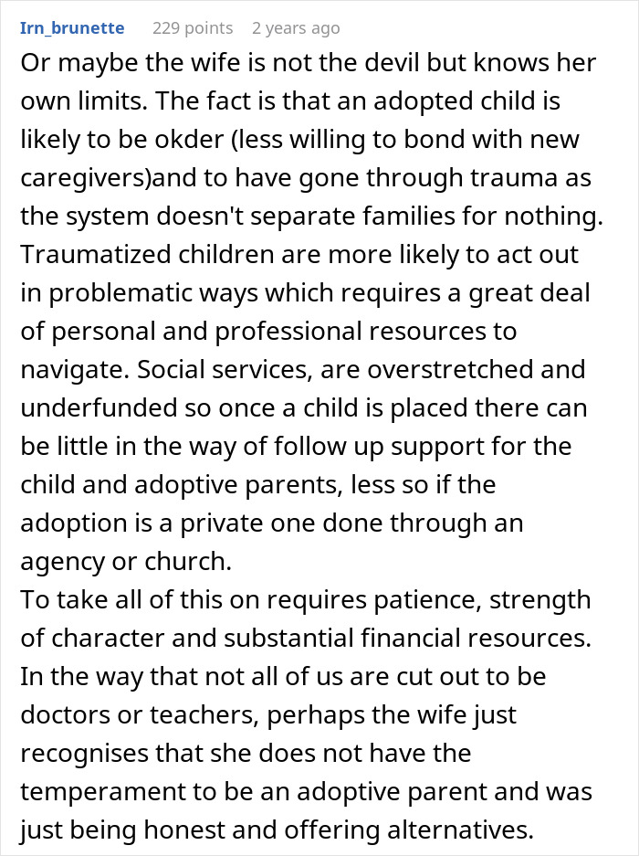 A comment about a wife's beliefs regarding adoption and marriage challenges.