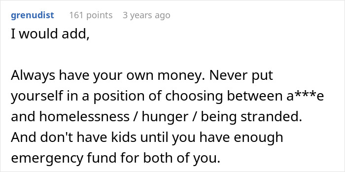 Influencer shares women's safety tips: always have your own money and an emergency fund. Influencer shares women's safety tips: always have your own money and an emergency fund.