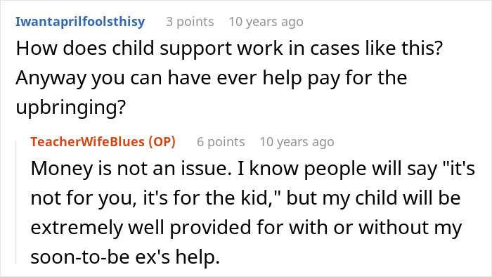 A screenshot of a comment about a mom's control over kid's education and her wife's wardrobe rights.