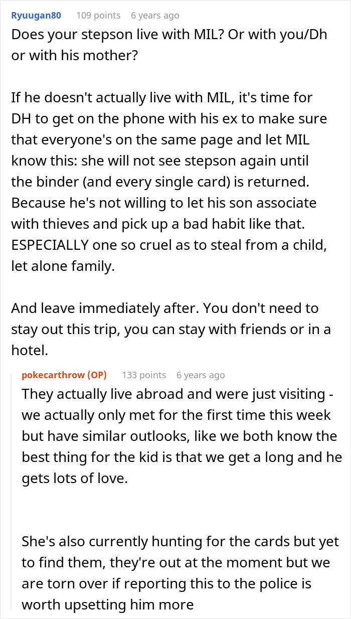 An online comment suggests that the stepson's love should not be bought with gifts, especially if stolen.
