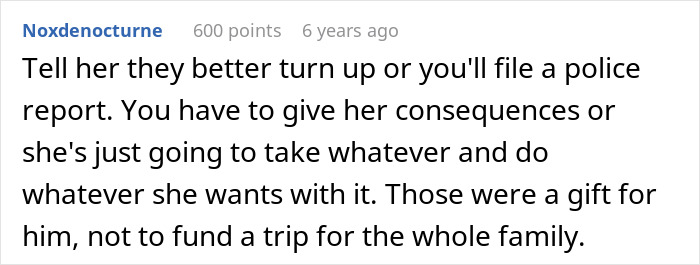 A comment recommends giving consequences to the grandma to prevent her from buying the stepson's love with gifts.