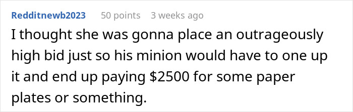 A guest considers a strategy to beat a man's charity auction bidding strategy by making a high bid. A guest considers a strategy to beat a man's charity auction bidding strategy by making a high bid.