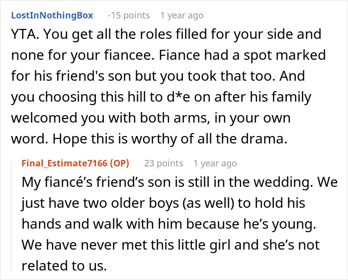 A Reddit comment criticizing a bride's choices in a wedding dispute, taking roles from the fiancé's family. A Reddit comment criticizing a bride's choices in a wedding dispute, taking roles from the fiancé's family.